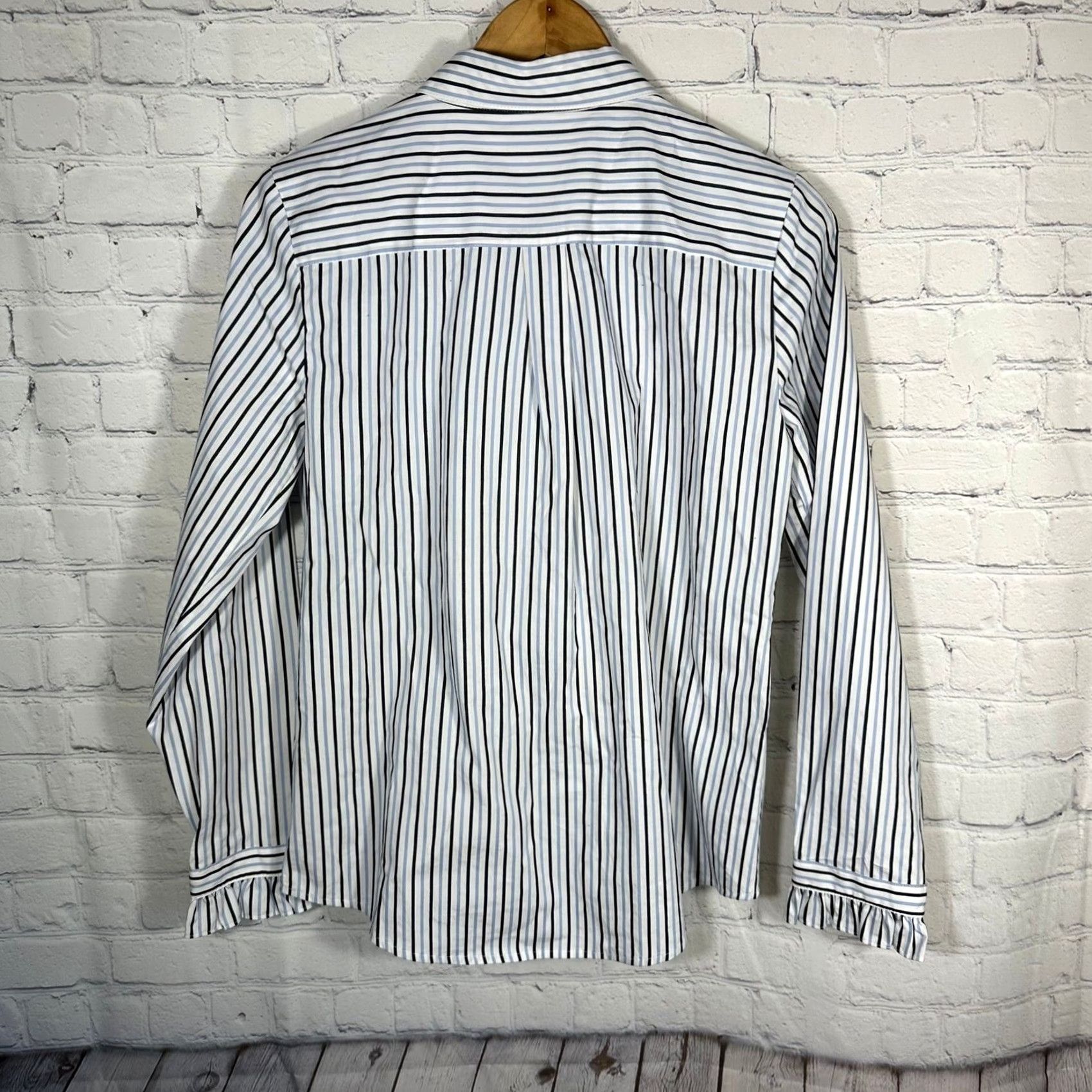 Karl Lagerfeld Karl Lagerfeld Paris Womens Blouse Shirt Blue Striped Ruffle Lace Front Button 100% Cotton Size M / US 6-8 / IT 42-44 - 6 Thumbnail