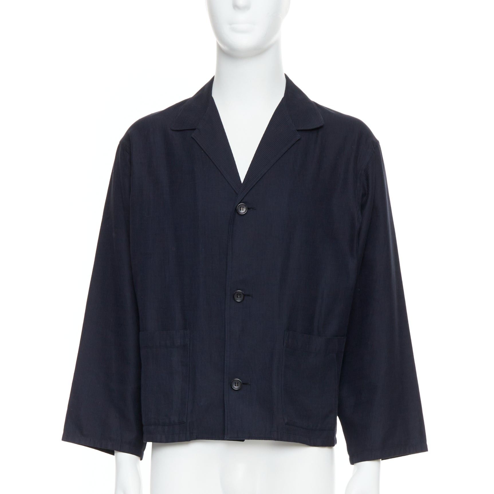 Yohji Yamamoto YOHJI YAMAMOTO navy soft fabric stripe lightweight cropped blazer S Size 52R - 1 Thumbnail
