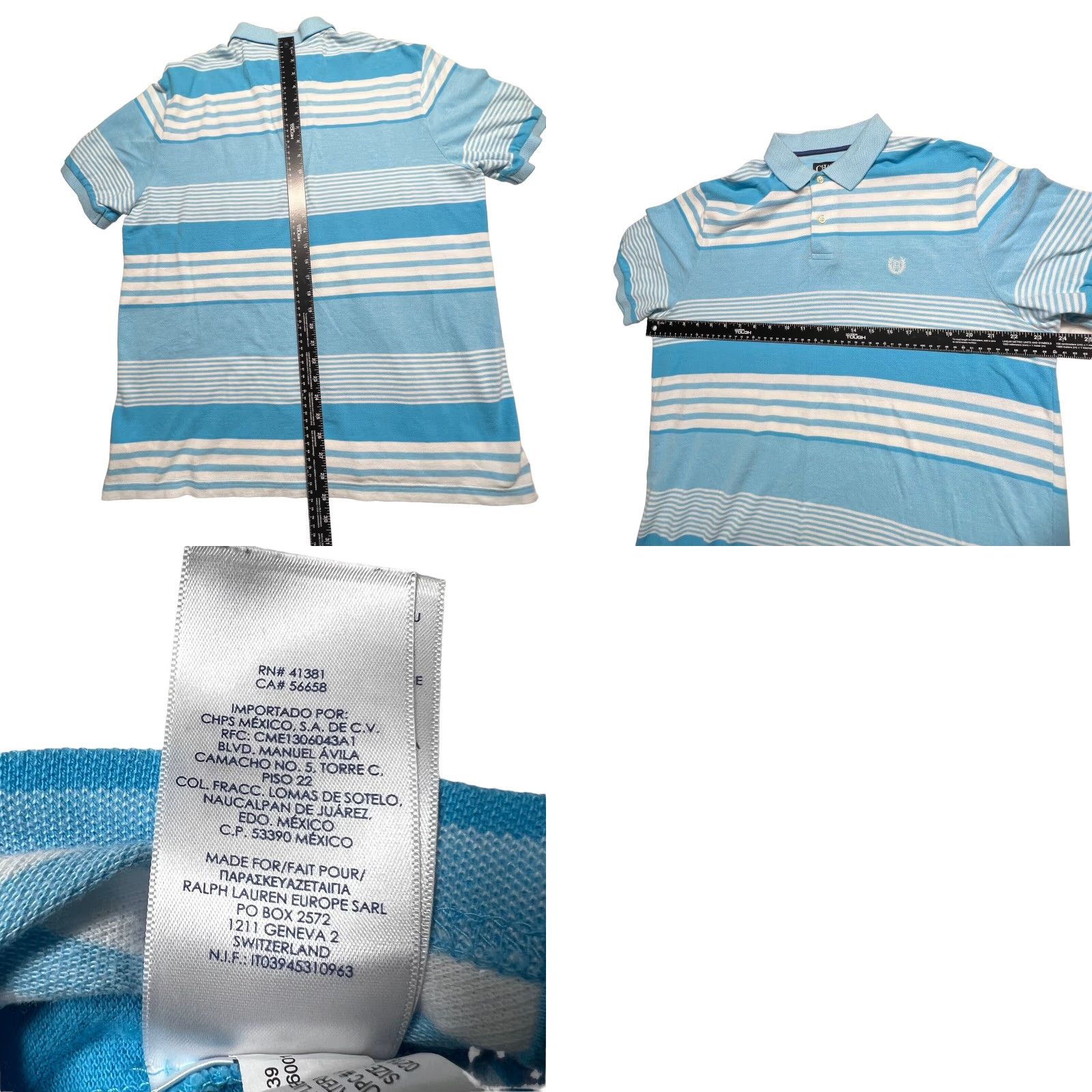 Chaps CHAPS Polo Shirt Mens Large Blue White Striped Collared Cotton Natural Stretch Golf Size US L / EU 52-54 / 3 - 8 Thumbnail