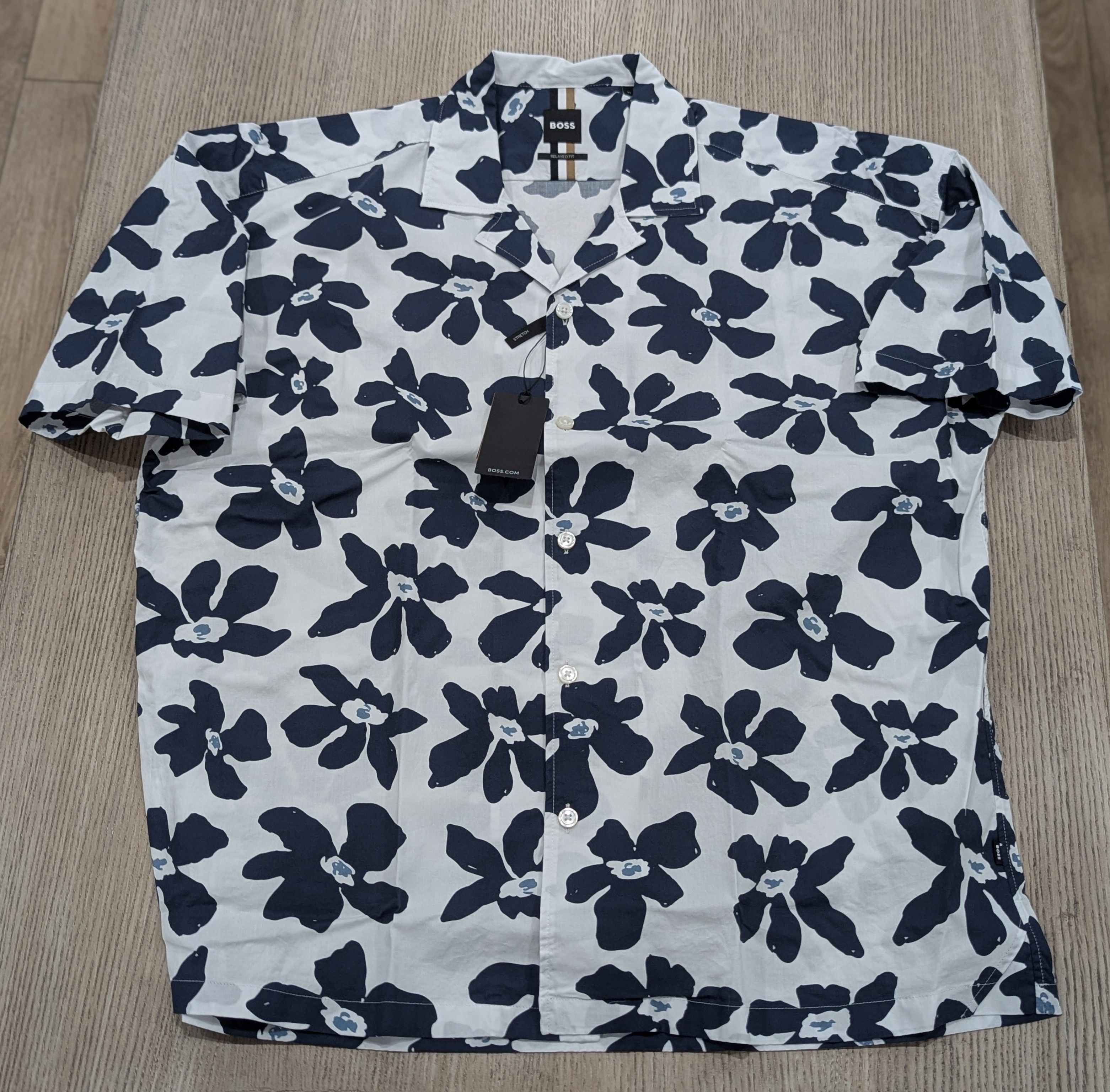 BOSS Palm Print Camp Shirt White/Blue Medium