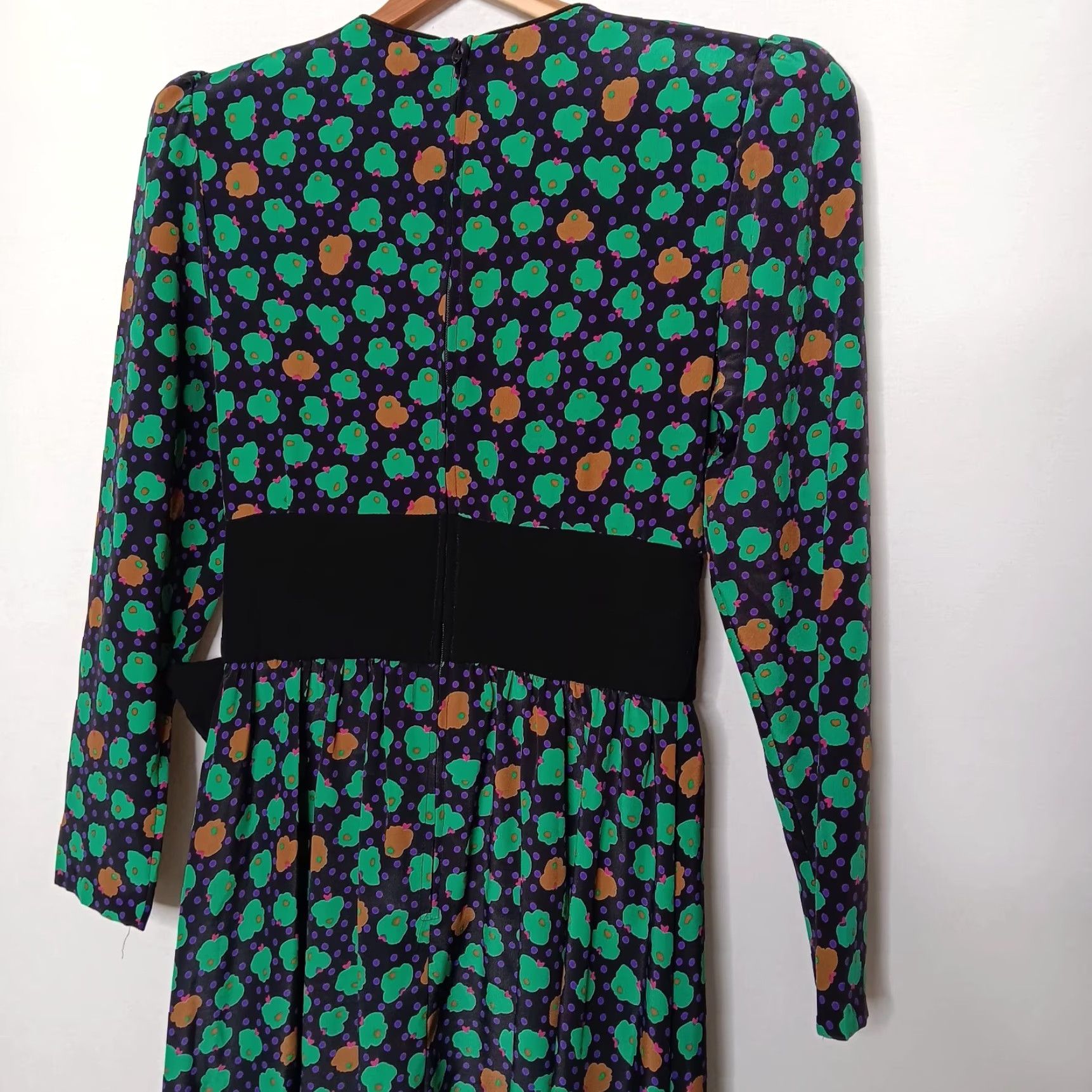 Vintage VINTAGE ACT I Dress Midi Floral Polka Dot Bow 80s A-Line Long Sleeve Black Green Purple Brown 7/8 Women's Boys Girls? Size M / US 6-8 / IT 42-44 - 7 Thumbnail