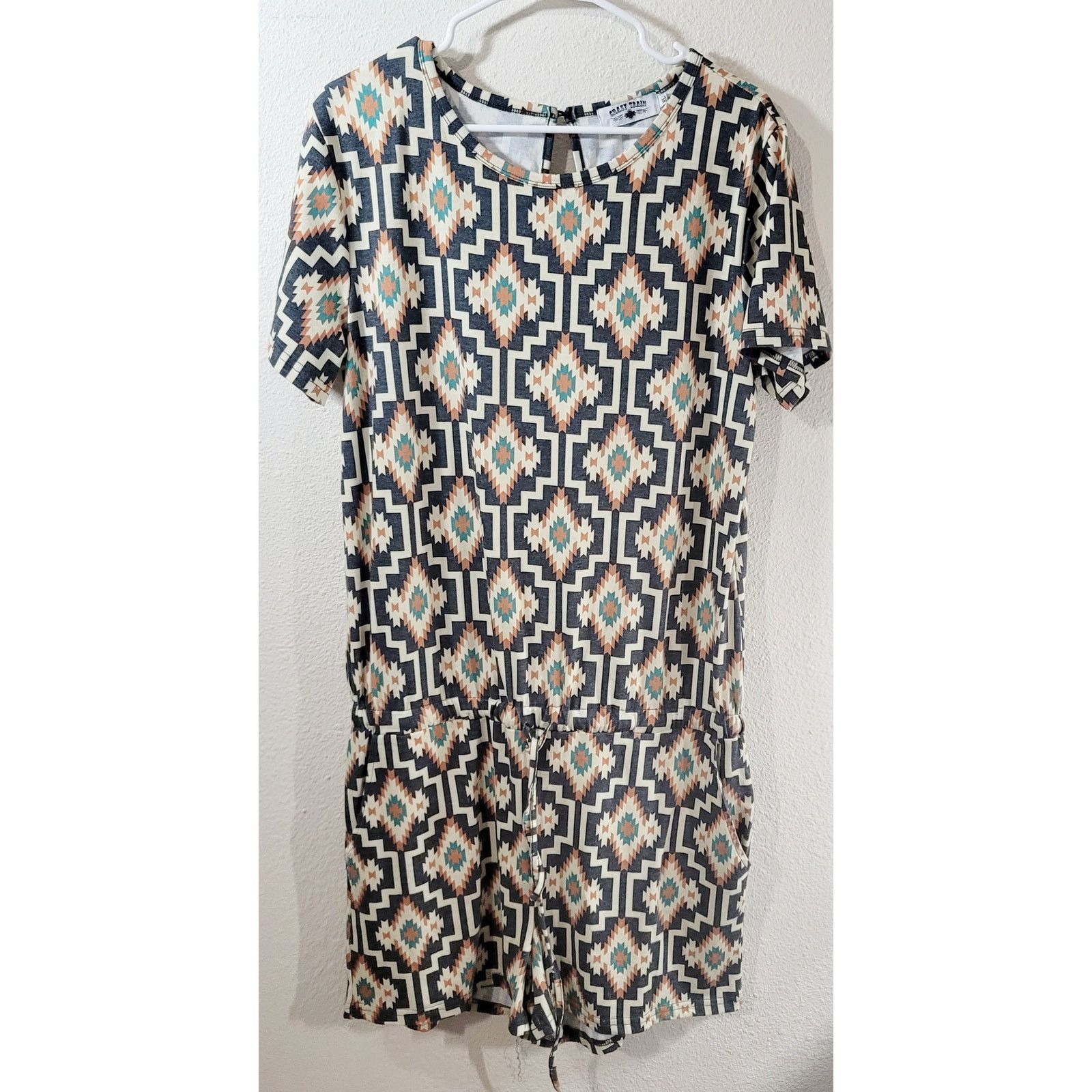 Other Crazy Train Beige Green Black Aztec Print Romper XL Stretch Size 38" / US 16 / IT 52 - 7 Thumbnail