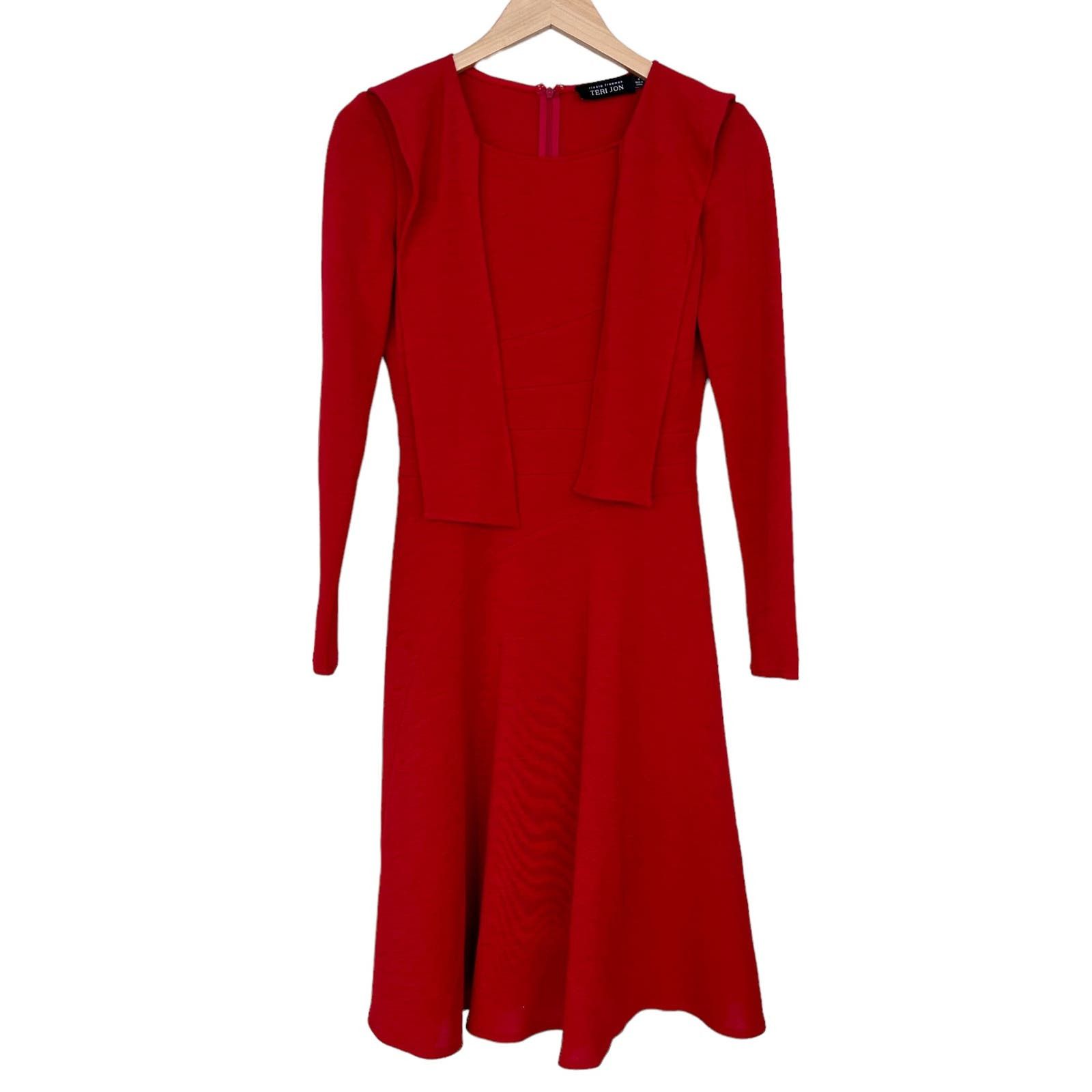 image of Rickie Freeman Teri Jon Red Wool Long Sleeve Dress Size 4, Women's