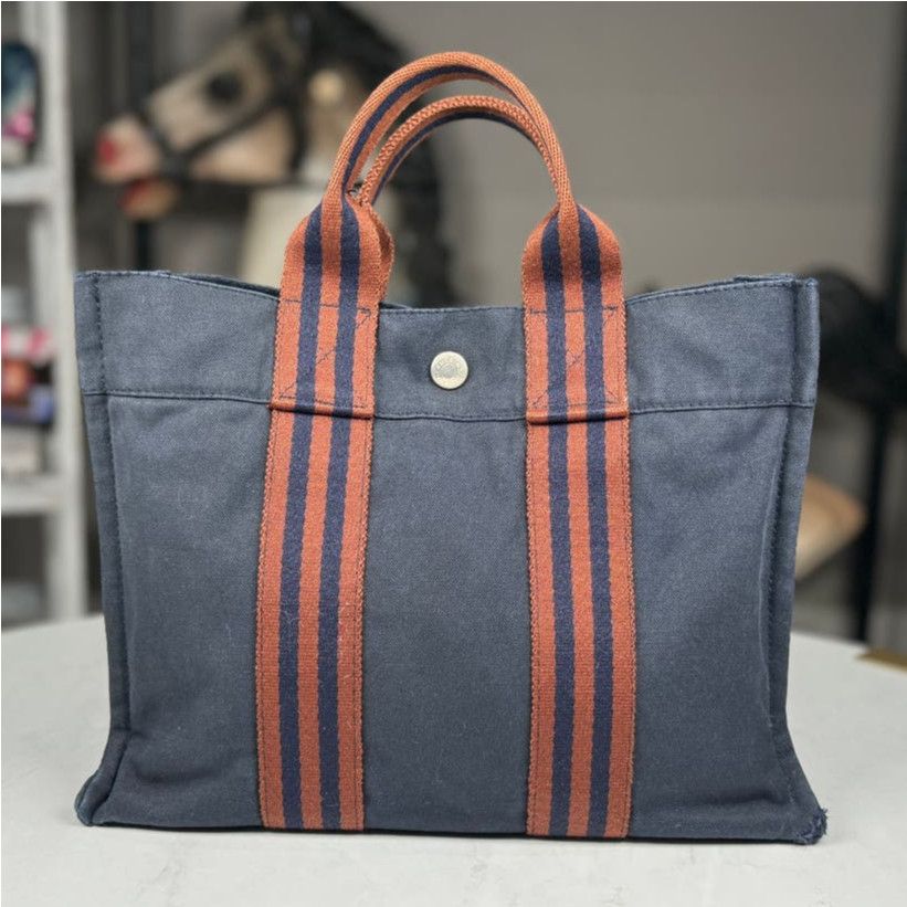 image of Hermes Canvas Small Tote Blue/rust, Women's