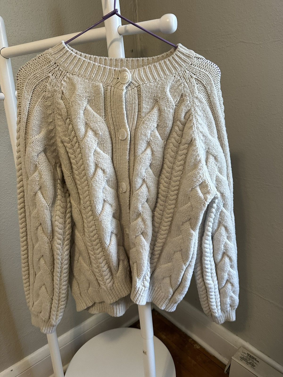 image of Vintage Oversized Knitted Cardigan in Cream, Women's (Size Small)