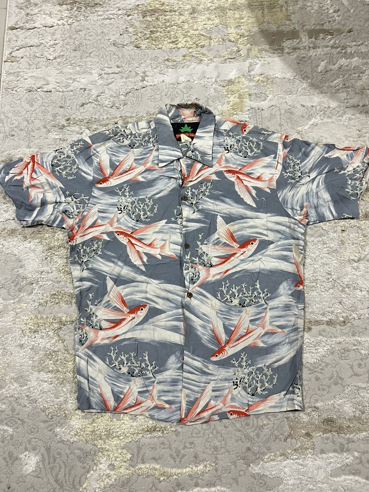Vintage Vintage 70s "Flying Fish" Pineapple Juice Rayon Hawaii Shirt Size US L / EU 52-54 / 3 - 1 Thumbnail