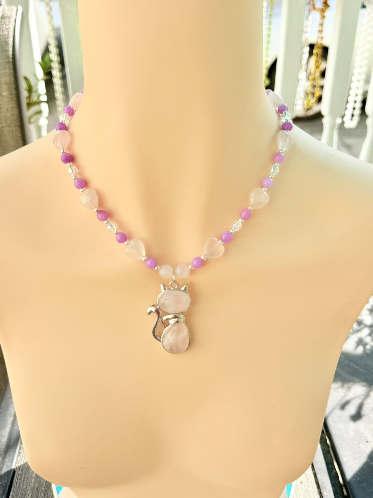 Other Rose Quartz Stone Cat Pendant Handmade Beaded Necklace Size ONE SIZE - 4 Thumbnail
