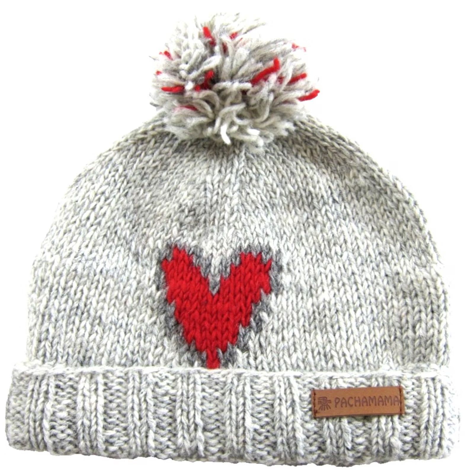 Vintage NWT Pachamama Beanie Hat Wool 100% Grey Red Heart Lined Bobble Knit Hat Women One Size Winter Holiday Style Beanie Womens Size ONE SIZE - 2 Thumbnail
