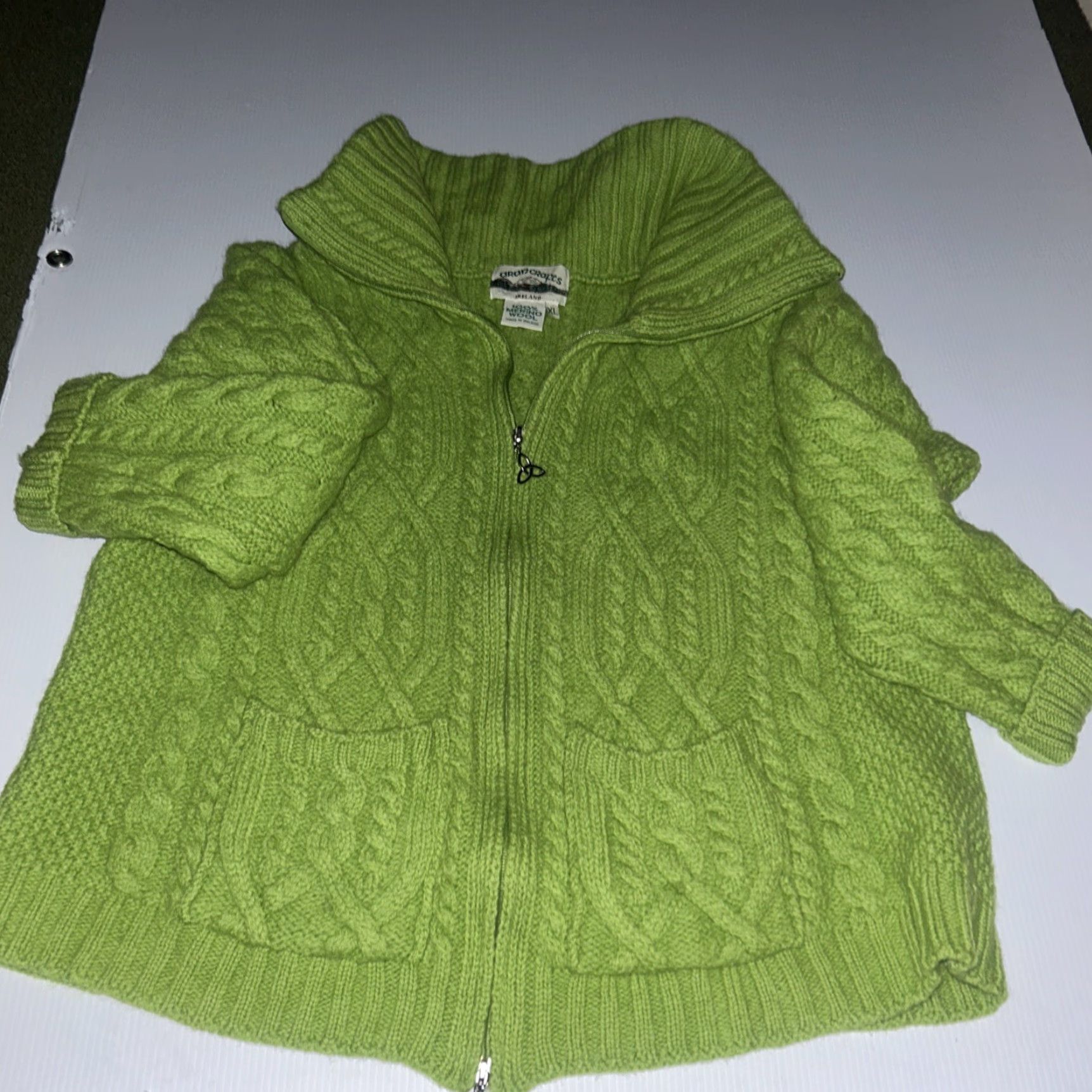 Vintage Aran Crafts Ireland 100% Merino Wool Zipper Sweater Unisex Green XS-2XL Cardigan with Pockets Size XXL / US 16-18 / IT 52-54 - 3 Thumbnail