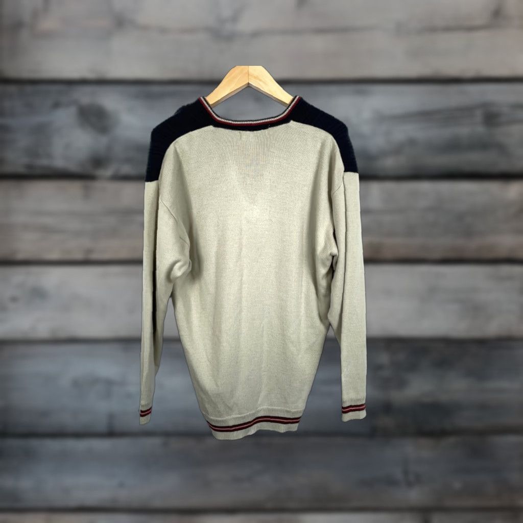 Vintage VINTAGE Micro Gold Sweater Men's 80s V-Neck Striped Knit Beig​e Red Stripe Pullover Size US L / EU 52-54 / 3 - 1 Thumbnail