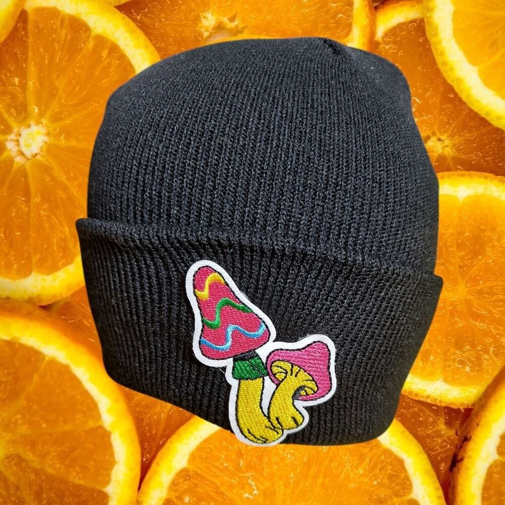 Other Mushroom Beanie Black Knit Hat Winter Cap Colorful Embroider Size ONE SIZE - 1 Thumbnail