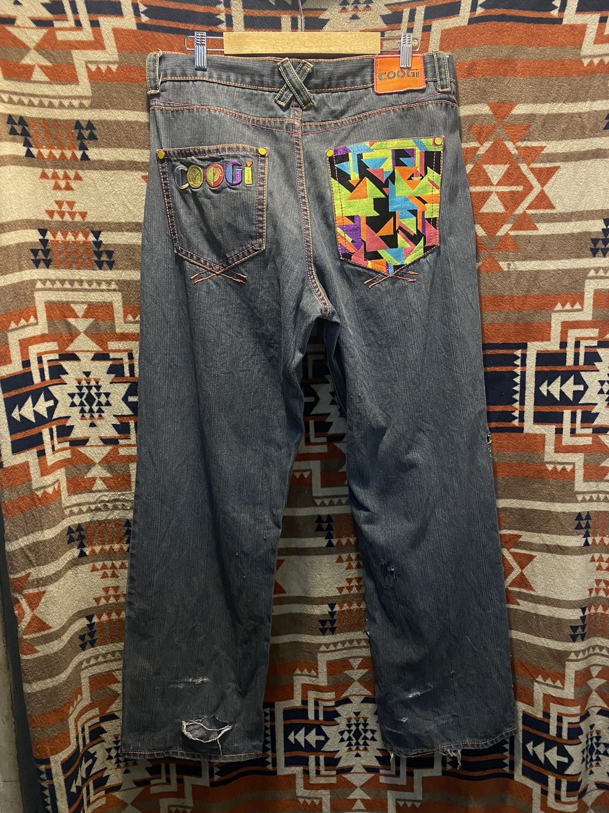 Coogi Vintage Black outlet Wide Leg Streetwear Art Embroidered Jeans