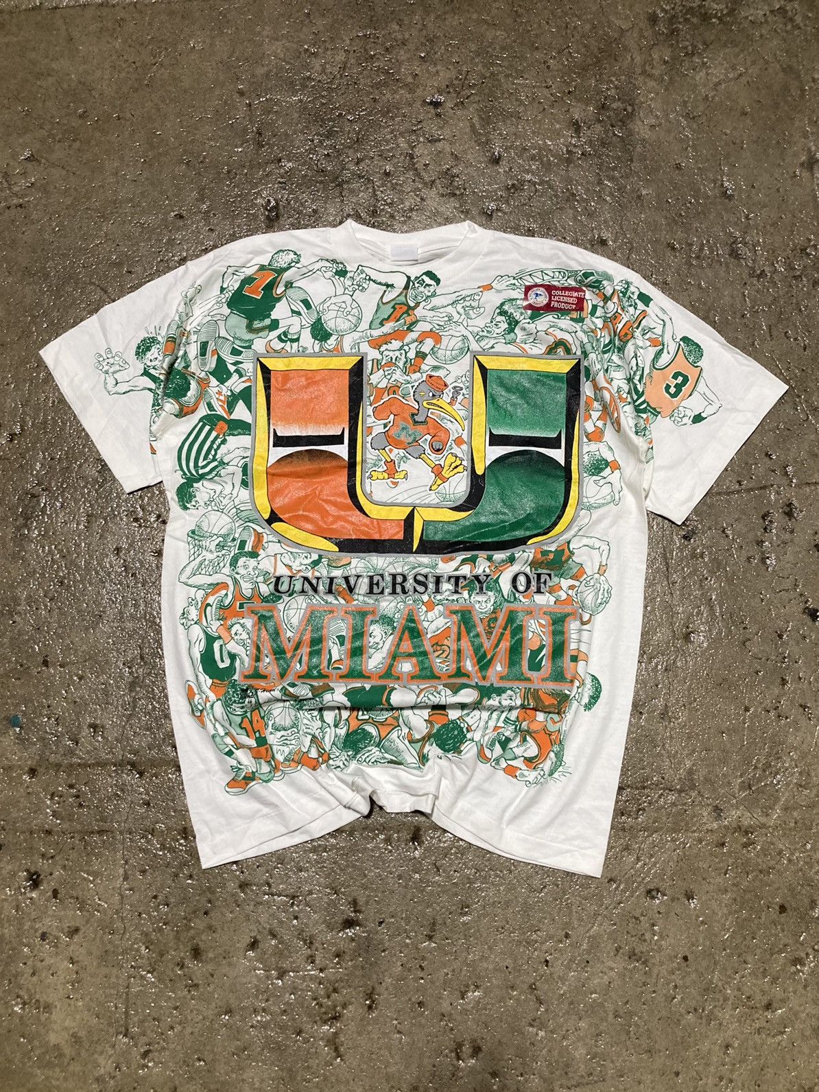 image of NCAA x Vintage Crazy Vintage 90's Miami Hurricanes Aop Cartoon Tee Nfl Nba, Men's (Size XL)