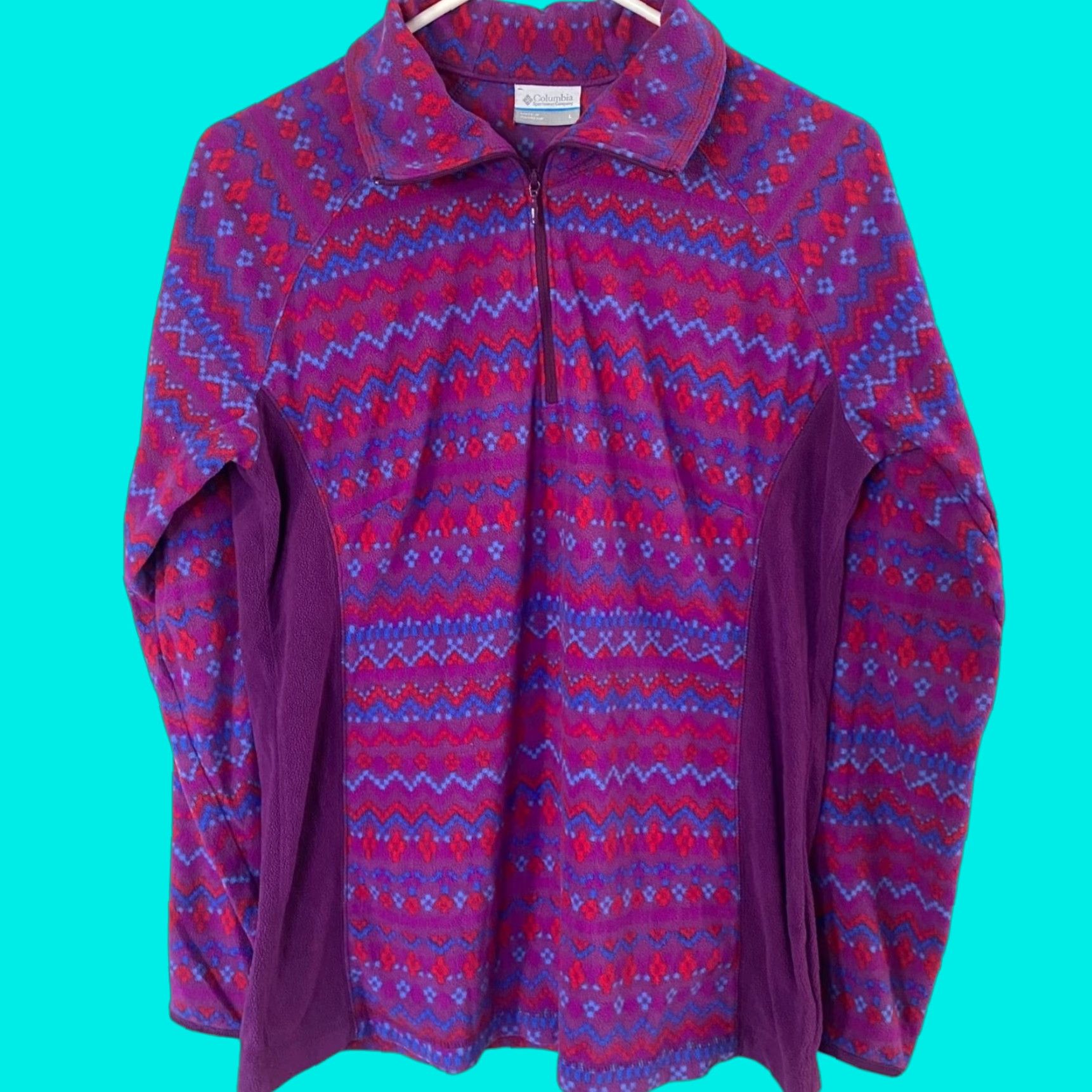 Vintage Columbia Jacket 1/4 Zip Fleece Pullover Womens Large Purple Motif Mock Neck Outerwear Size L / US 10 / IT 46 - 1 Thumbnail