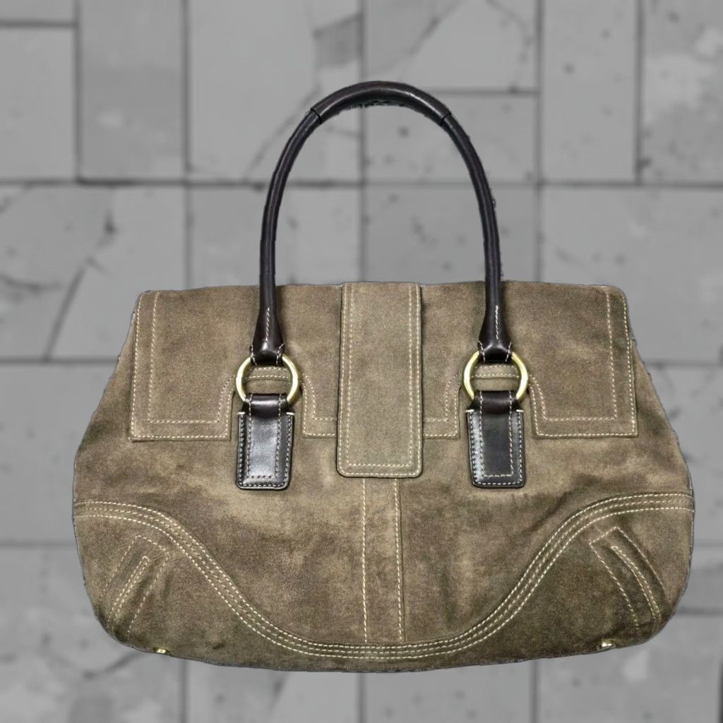 Vintage Coach Soho Suede Leather Trim Flap Double Handles Satchel Shoulder Bag in Brown, Women's