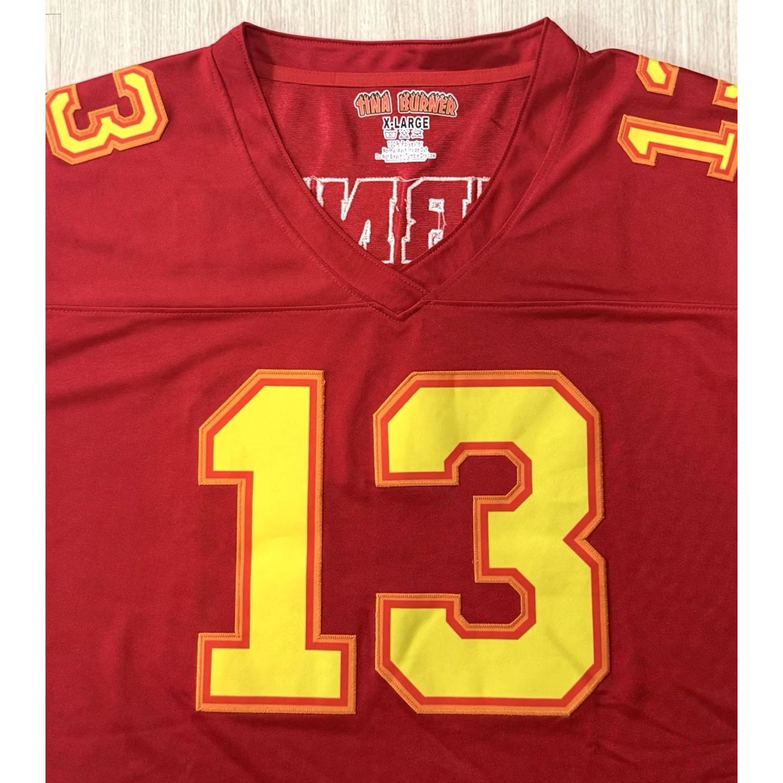 Vintage Tina Burner ‘Lady Linebacker’ Football Jersey XL Red T-Shirt Graphic Print Short Sleeve V-Neck Men’s RuPaul’s Drag Race Emoji Logo Embroidered Size US XL / EU 56 / 4 - 4 Thumbnail
