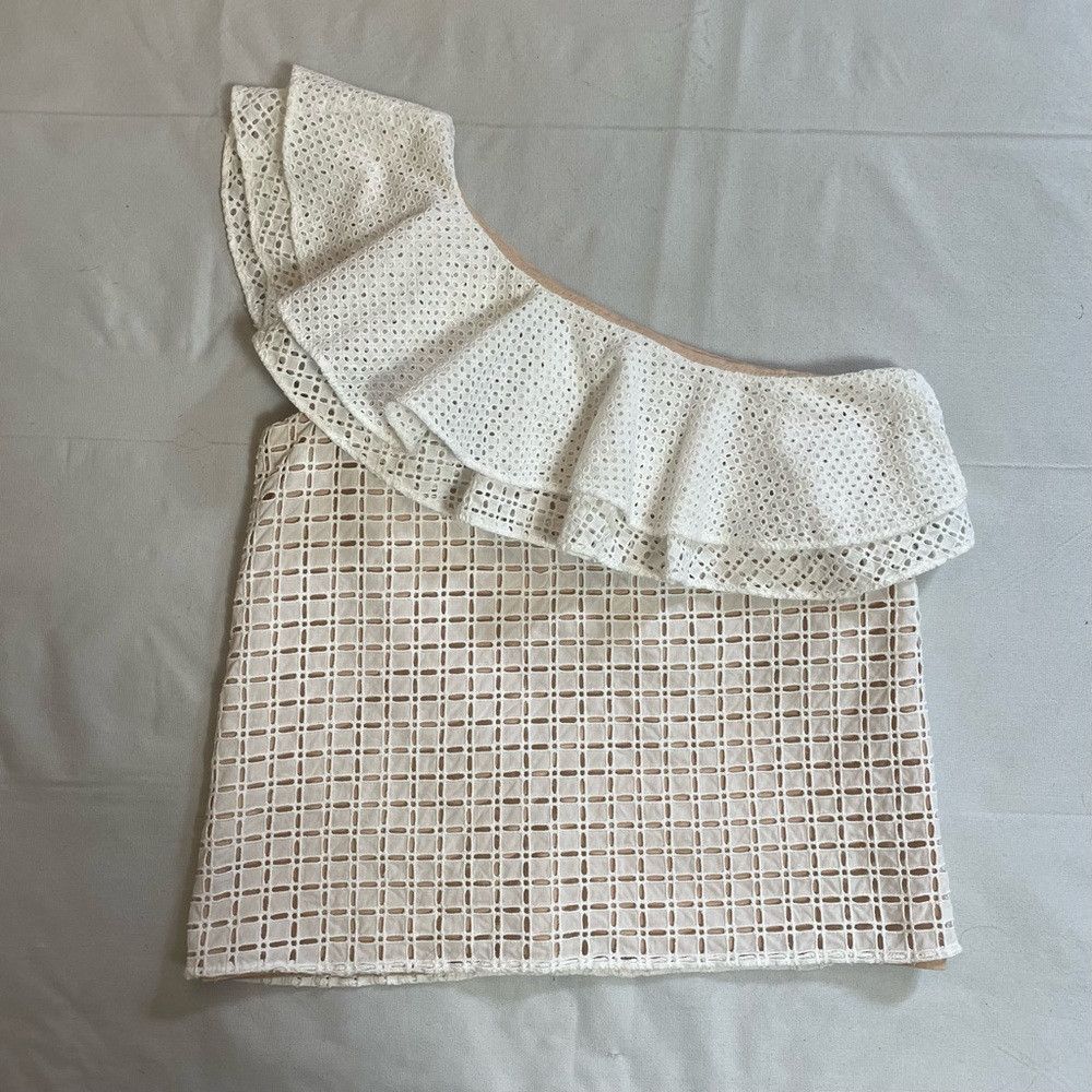 J.Crew J. Crew White One-Shoulder Ruffle Eyelet Cotton Top Size 2 Size XS / US 0-2 / IT 36-38 - 6 Thumbnail