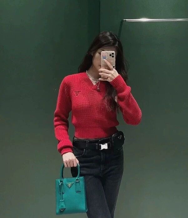Prada Prada 22 red logo letter embroidered cotton V-neck long-sl Size XS / US 0-2 / IT 36-38 - 9 Thumbnail