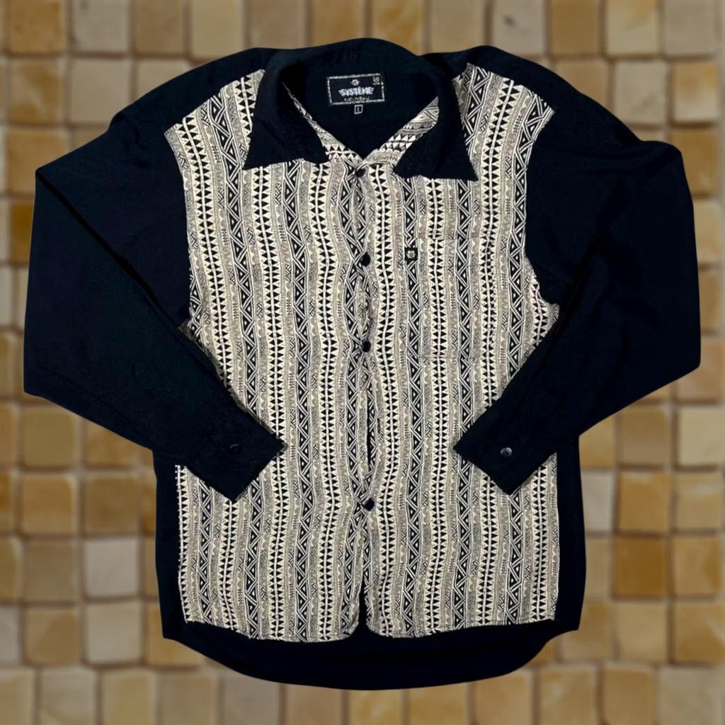 Vintage Vintage Systeme Nouveau Black Beige Abstract Patterned Long Sleeve Viscose Shirt Large Mens Button-Up Size US L / EU 52-54 / 3 - 1 Thumbnail