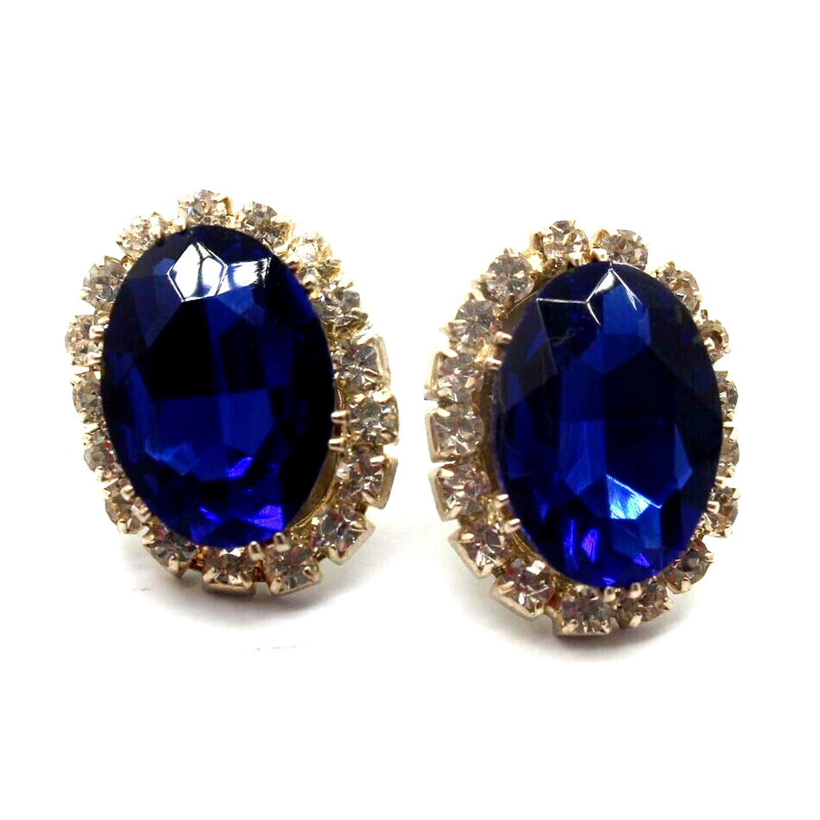 Other Oval Sapphire Blue Earrings Prong-Set Rhinestones 1" Pierced Size ONE SIZE - 1 Thumbnail
