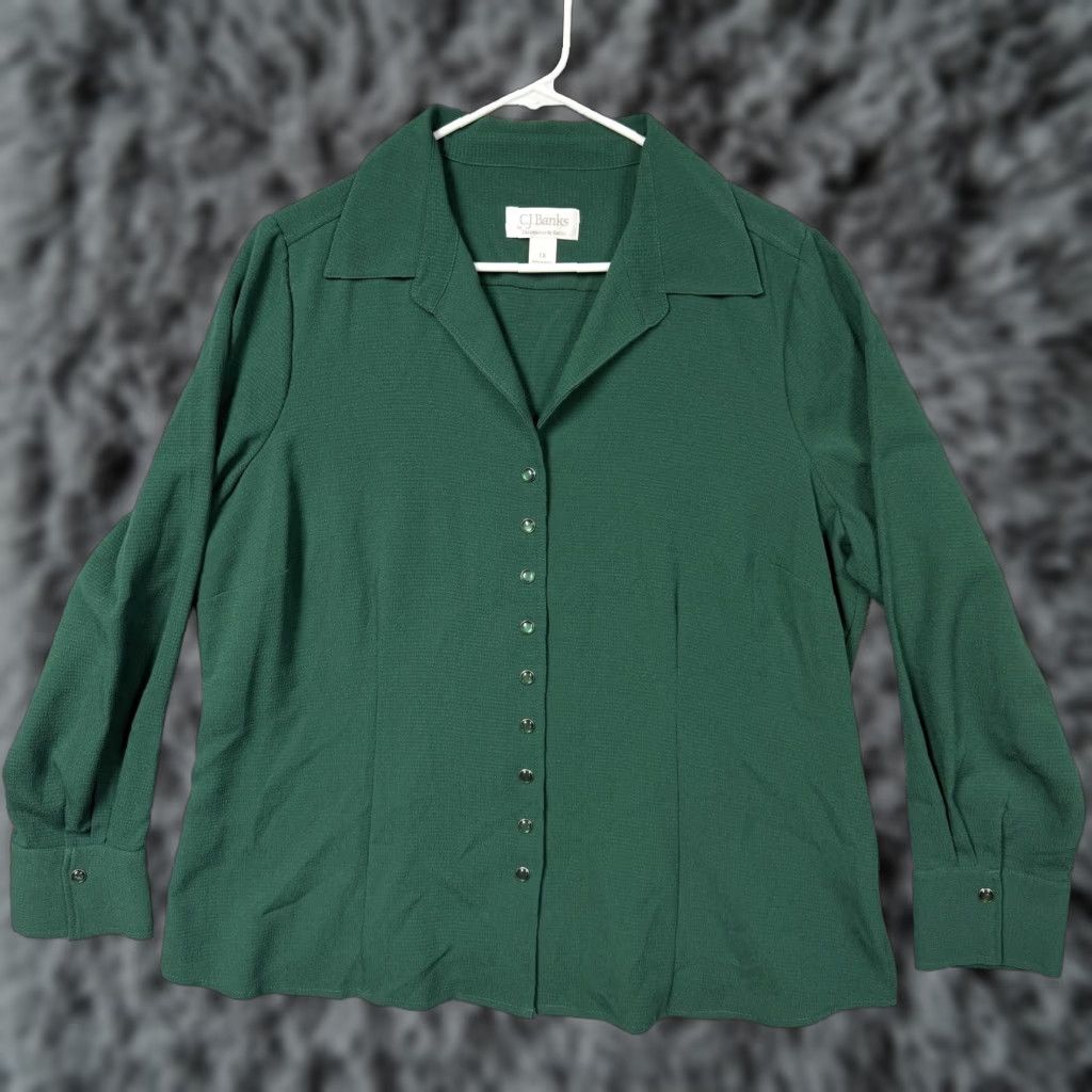 Vintage CJ Banks Blouse Womens 1X Plus Green Button Up Long Sleeve Crepe Modest Layering Size XL / US 12-14 / IT 48-50 - 1 Thumbnail