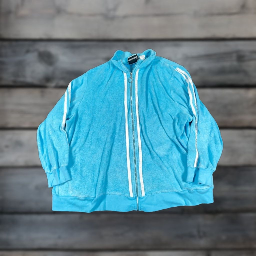 Vintage VINTAGE Fashion Bug Jacket Ladies 90s Retro Blue White Striped Full Zip Cotton Terry Cloth Short Jacket Women 18/20 (Large) USA Made Size L / US 10 / IT 46 - 1 Thumbnail