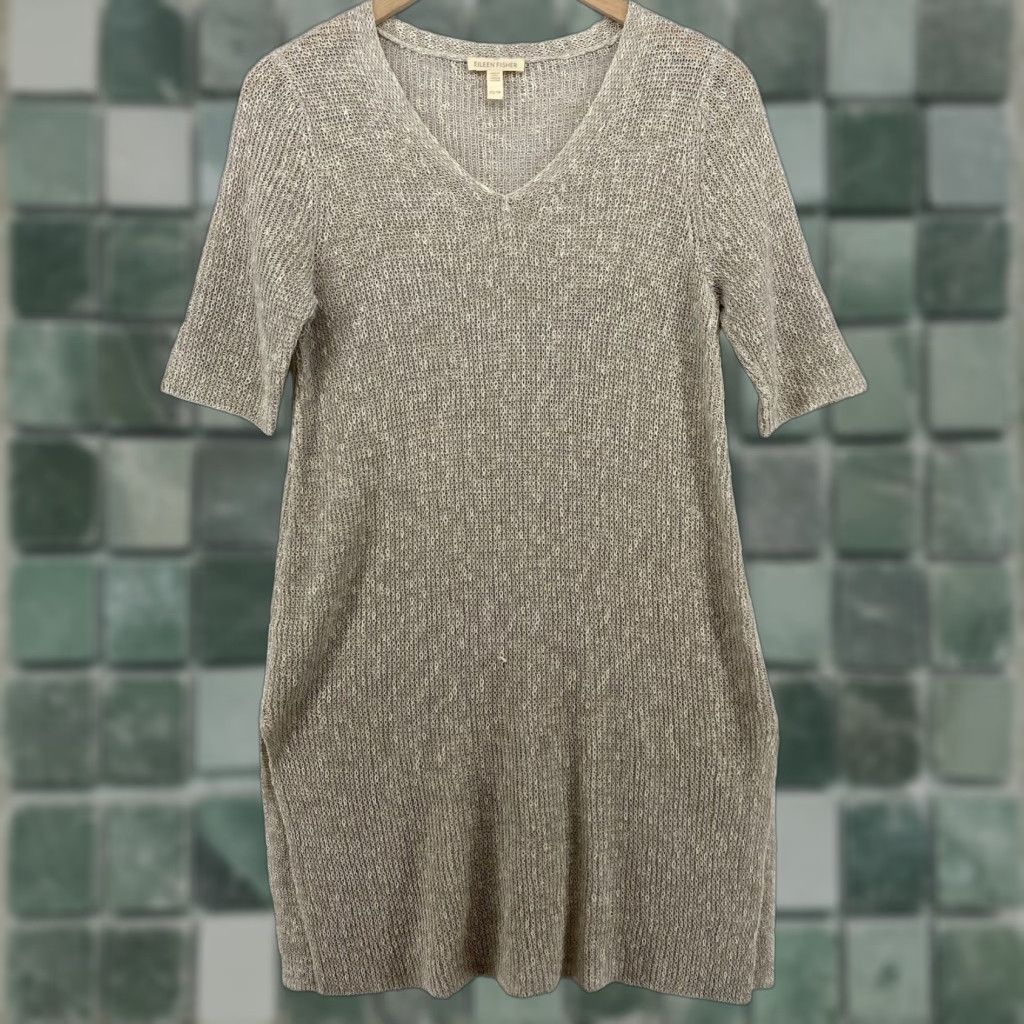 EILEEN FISHER Sweater XS Beige Short Sleeve Tunic Organic Linen Cotton Grain