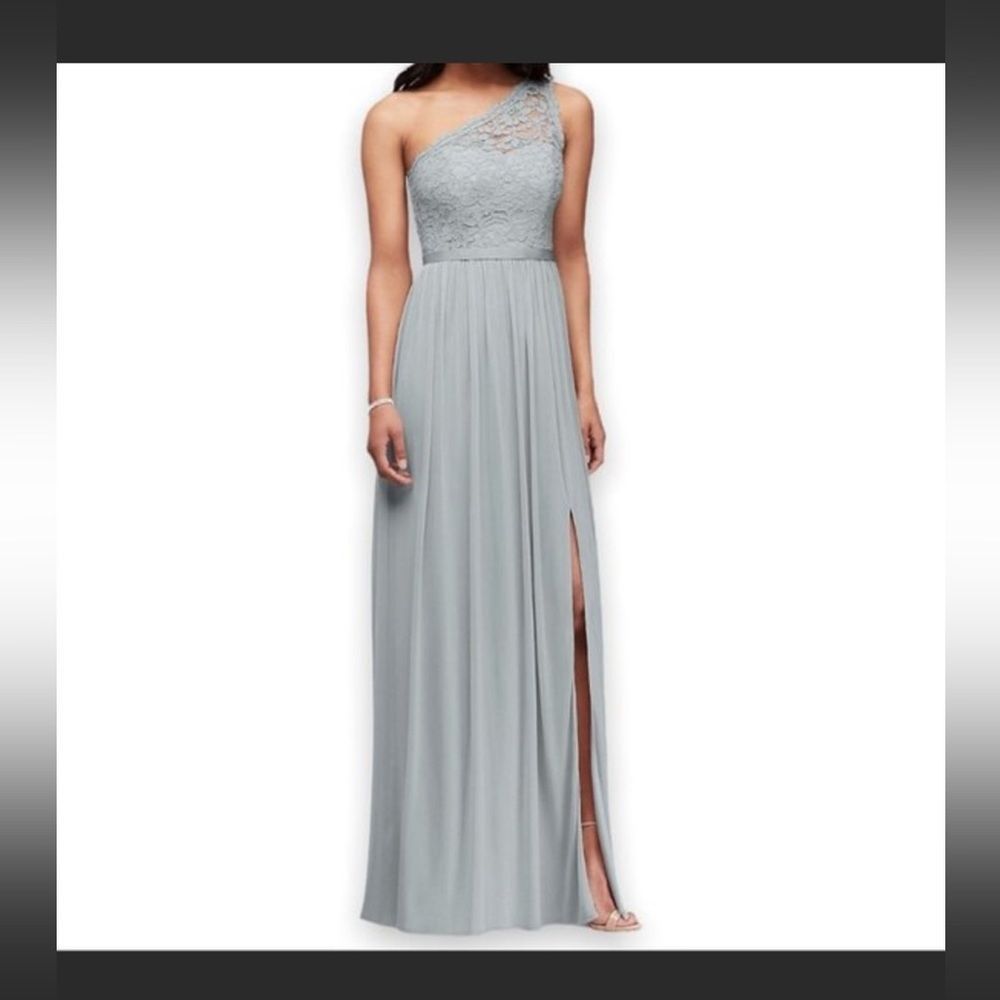 Other David’s Bridal One-Shoulder Lace Chiffon Gown – Misty Blue – Size XL / US 12-14 / IT 48-50 - 2 Thumbnail