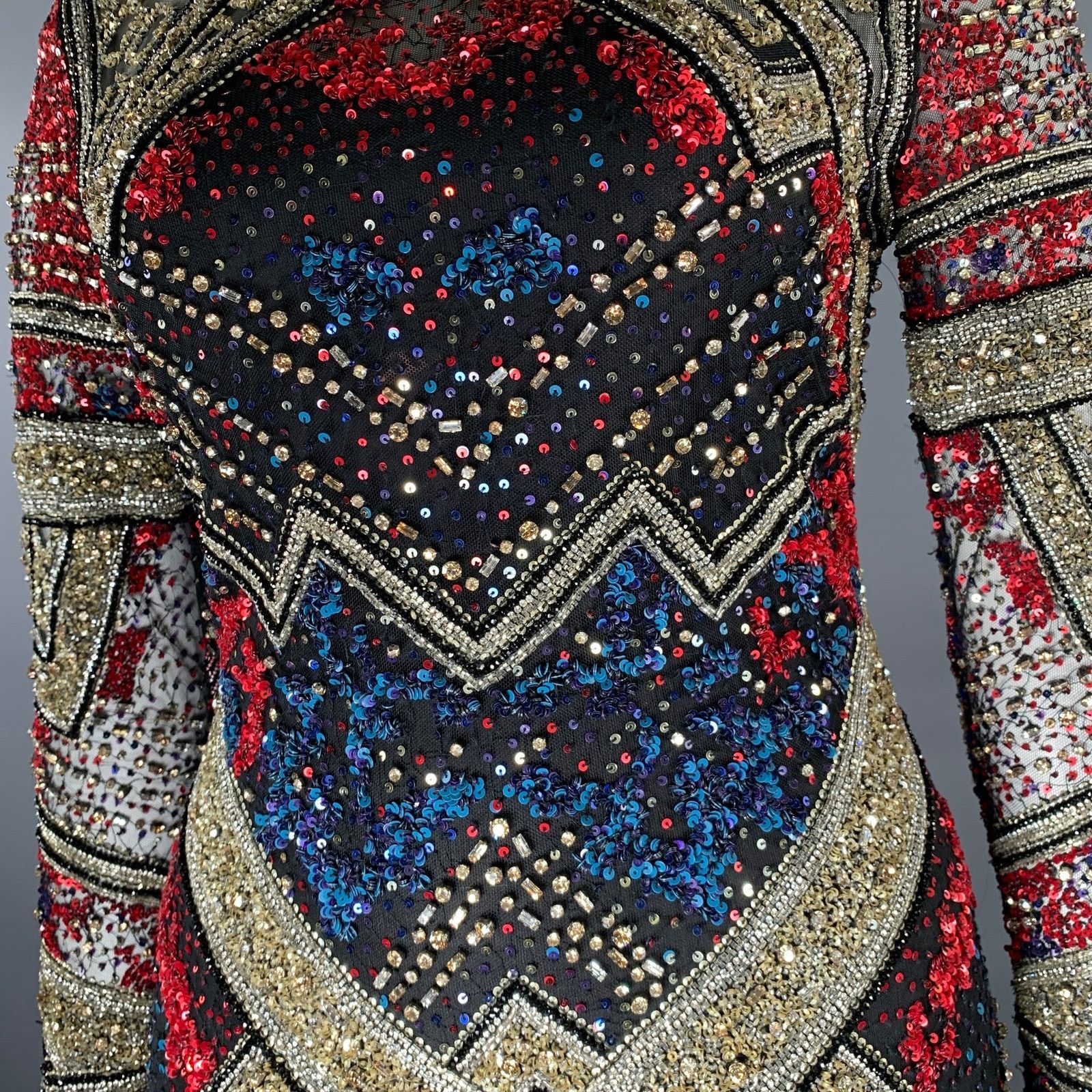 Naeem Khan Size 8 Silver Red & Blue Sequined Midi Cocktail Dress Size M / US 6-8 / IT 42-44 - 3 Thumbnail