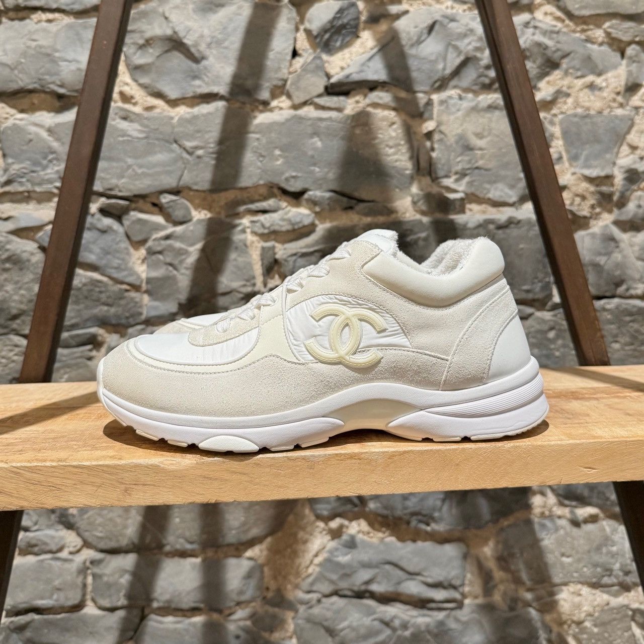 Chanel White Ivory Suede Nylon CC Reflective Sneakers