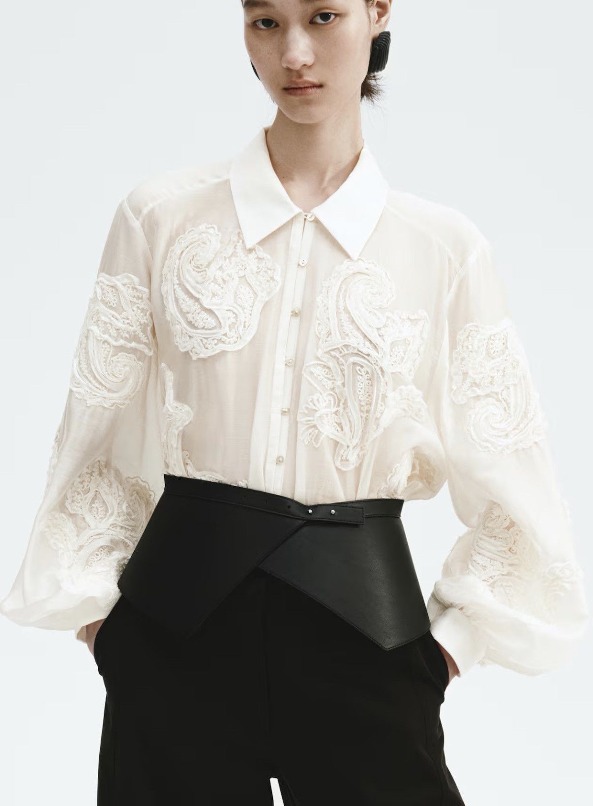H&M H&M Cream Embroidered Semi-sheer Beaded Button-up Blouse Size S / US 4 / IT 40 - 1 Thumbnail