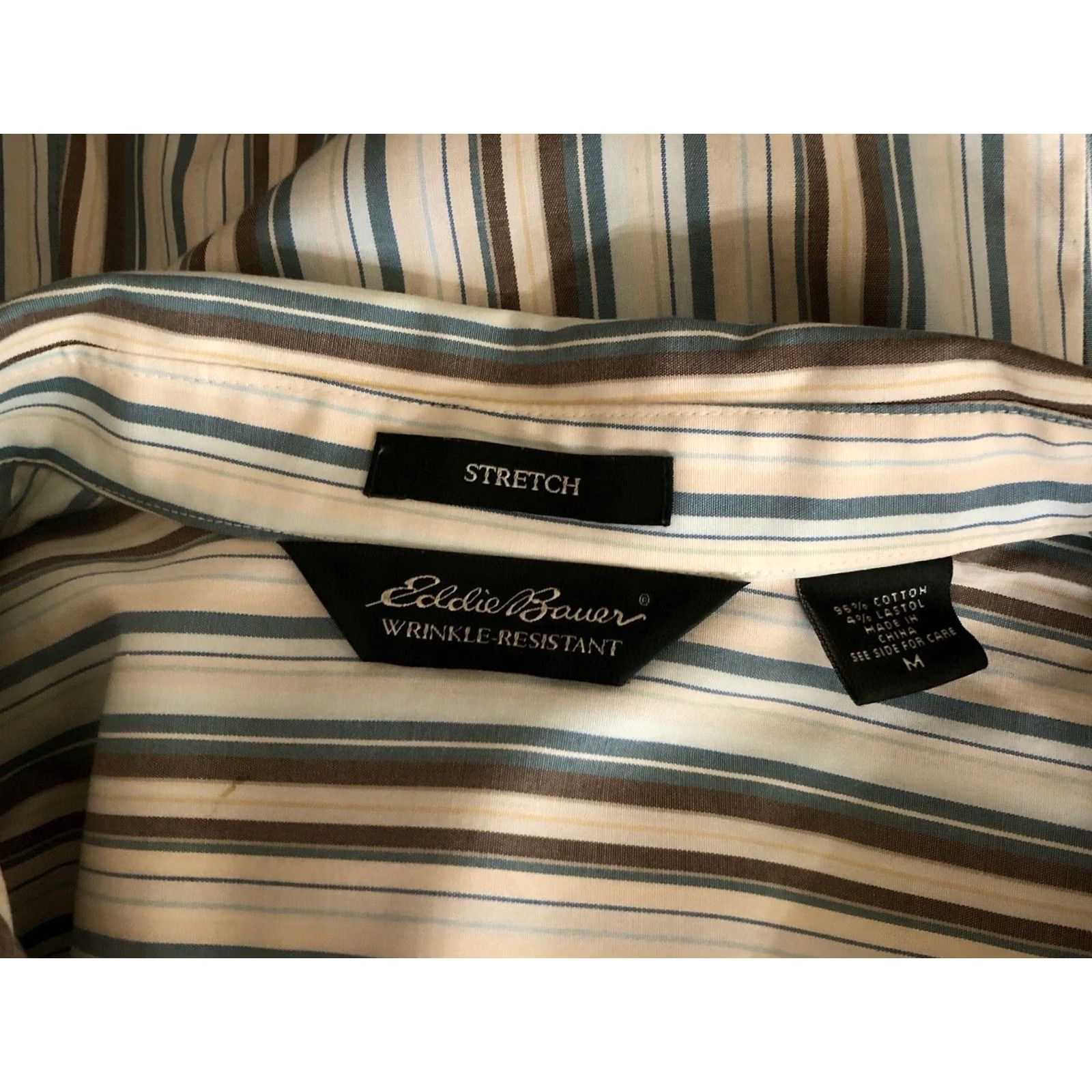 Eddie Bauer Eddie Bauer button up top M striped blue ivory 3/4 cuff sleeve collar career Size M / US 6-8 / IT 42-44 - 4 Thumbnail