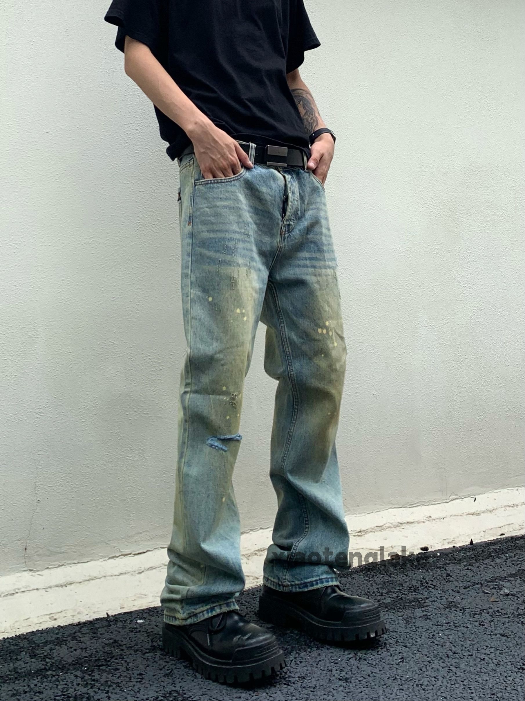 zipper washed faded y2k skate rusty paint jeans