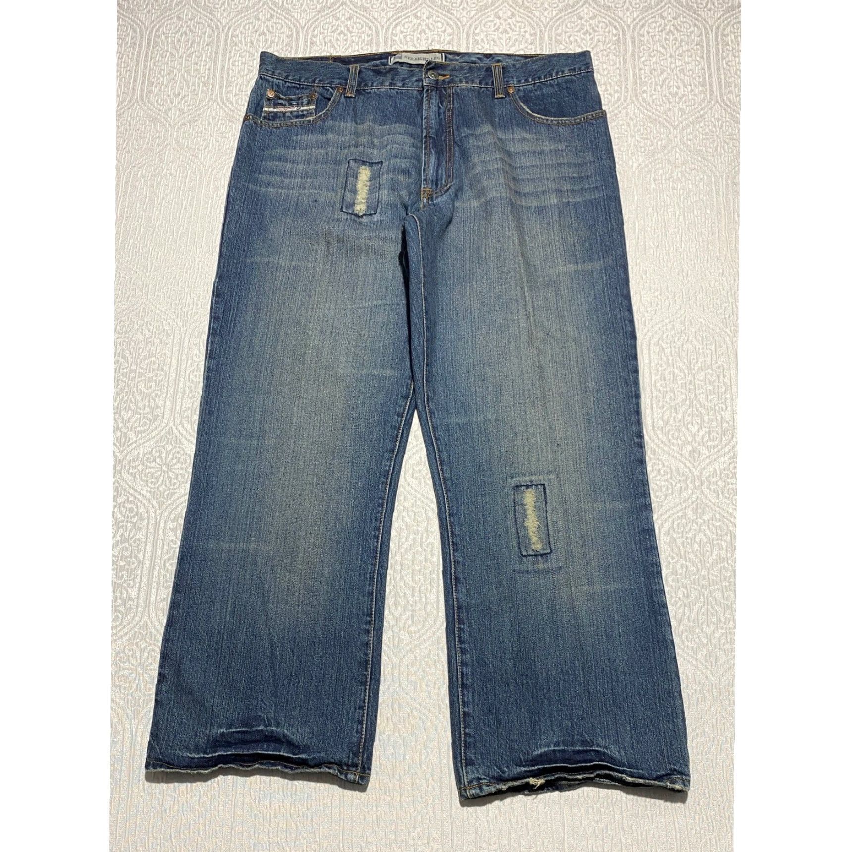 Vintage Paco Jeans Mens 36x30 Blue Denim Distressed Patchwork Whiskers Straight Wide Leg Size US 36 / EU 52 - 2 Thumbnail