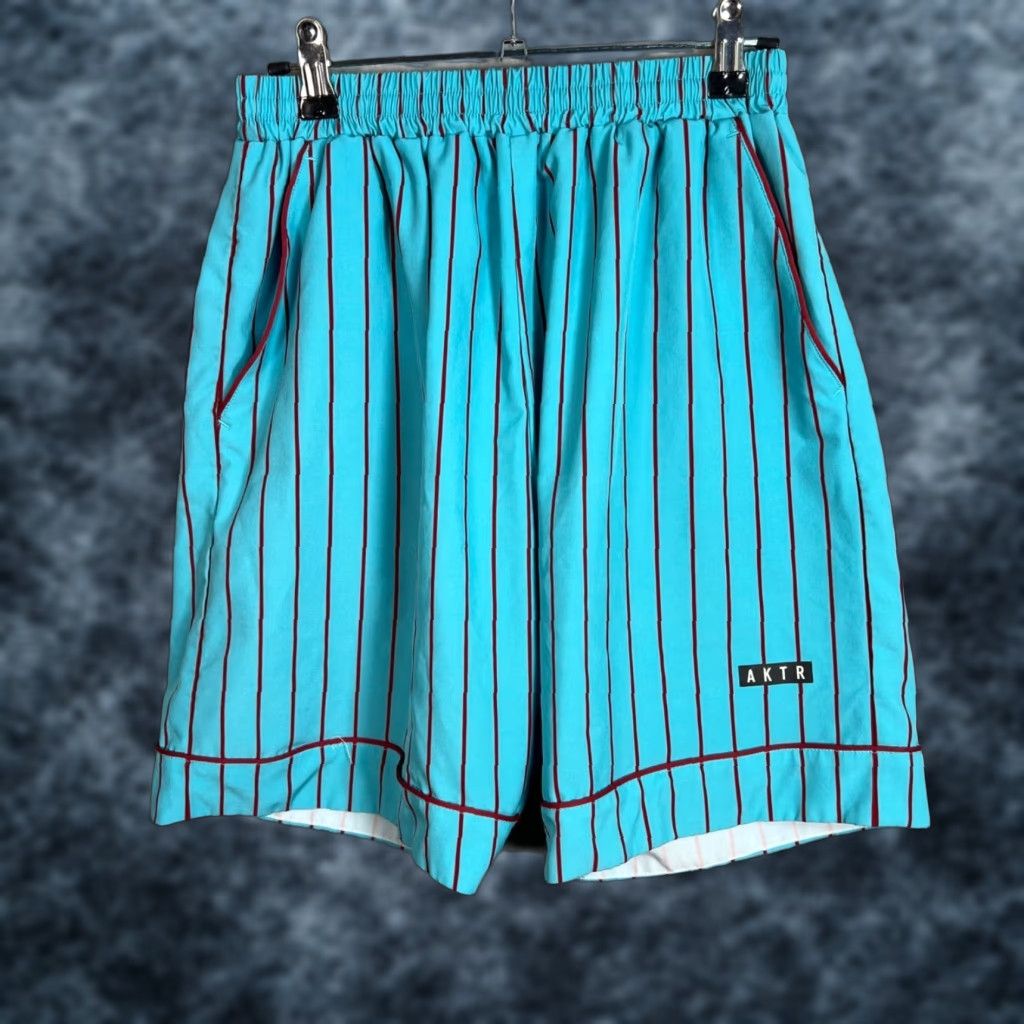 Vintage VINTAGE AKTR Mens Blue & Burgundy Striped Athletic Shorts Size Small Japan Size US 29 - 1 Thumbnail