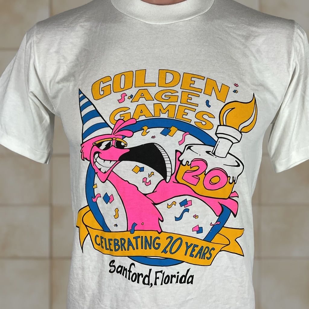 Jerzees VINTAGE Jerzees Golden Age Games T-shirt Mens Medium White Crew Neck Short Sleeve Florida Neon Graphic Print 20 years USA MADE Size US M / EU 48-50 / 2 - 1 Thumbnail