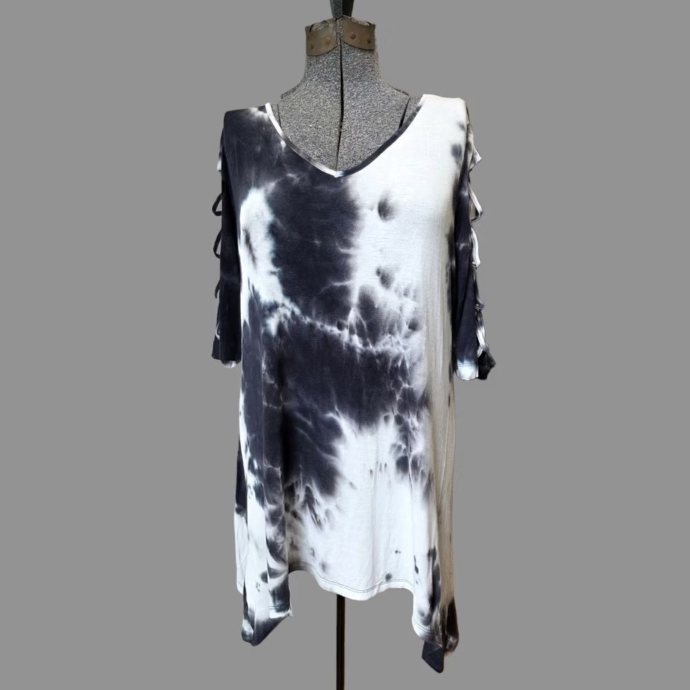 Vintage New Directions Tunic Top Womens L Pullover V-Neck 3/4 Sleeve Tie Dye Blue White Jersey Stretch Size L / US 10 / IT 46 - 1 Thumbnail