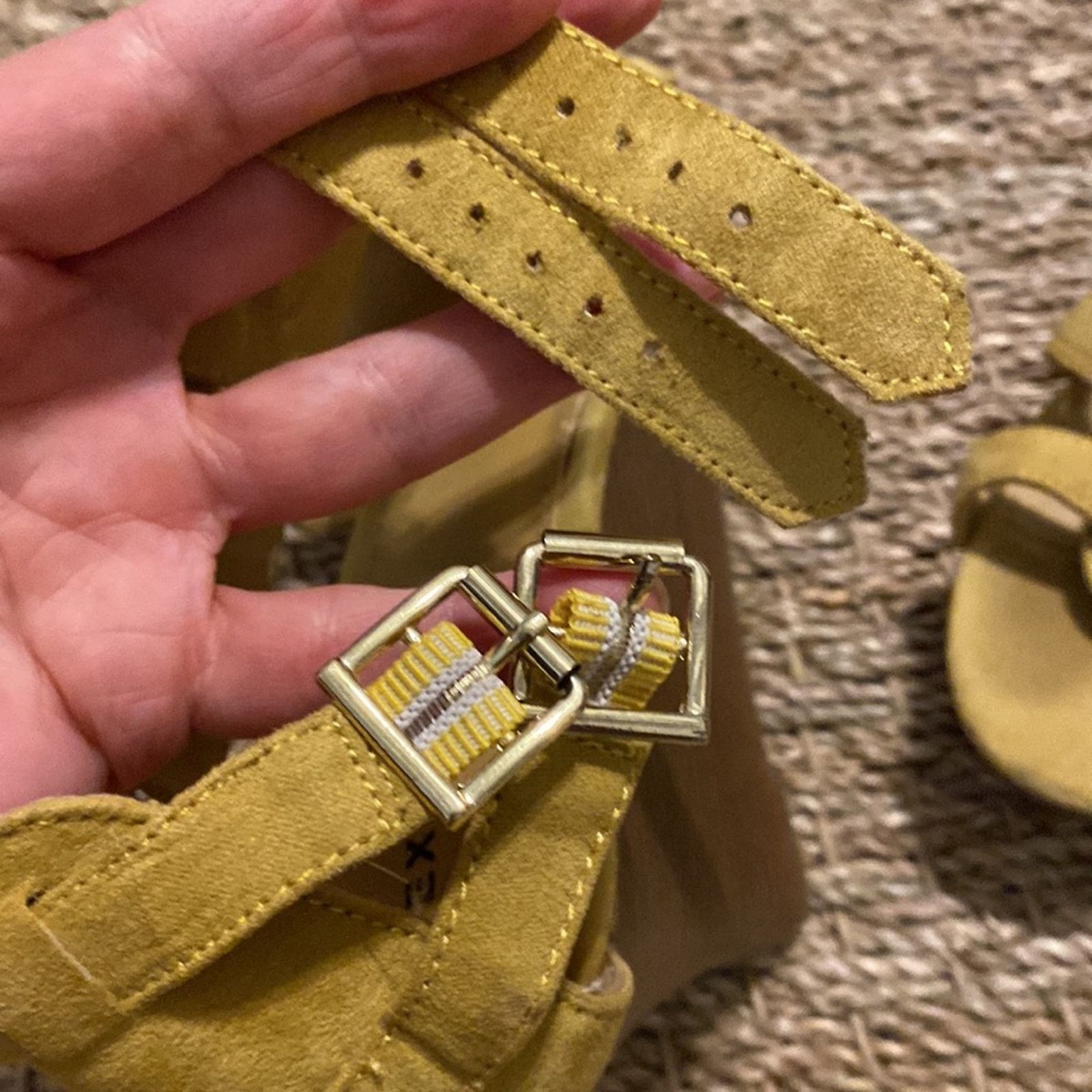 Express Multi strap & buckles, suede ochre color wedge heel size 7 Size US 7 / IT 37 - 7 Thumbnail