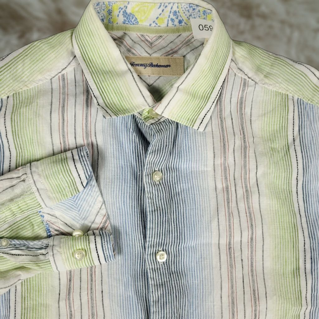 Tommy Bahama VINTAGE Tommy Bahama Shirt Men Medium Blue Green Striped Linen Button-Up Long Sleeve Size US M / EU 48-50 / 2 - 1 Thumbnail
