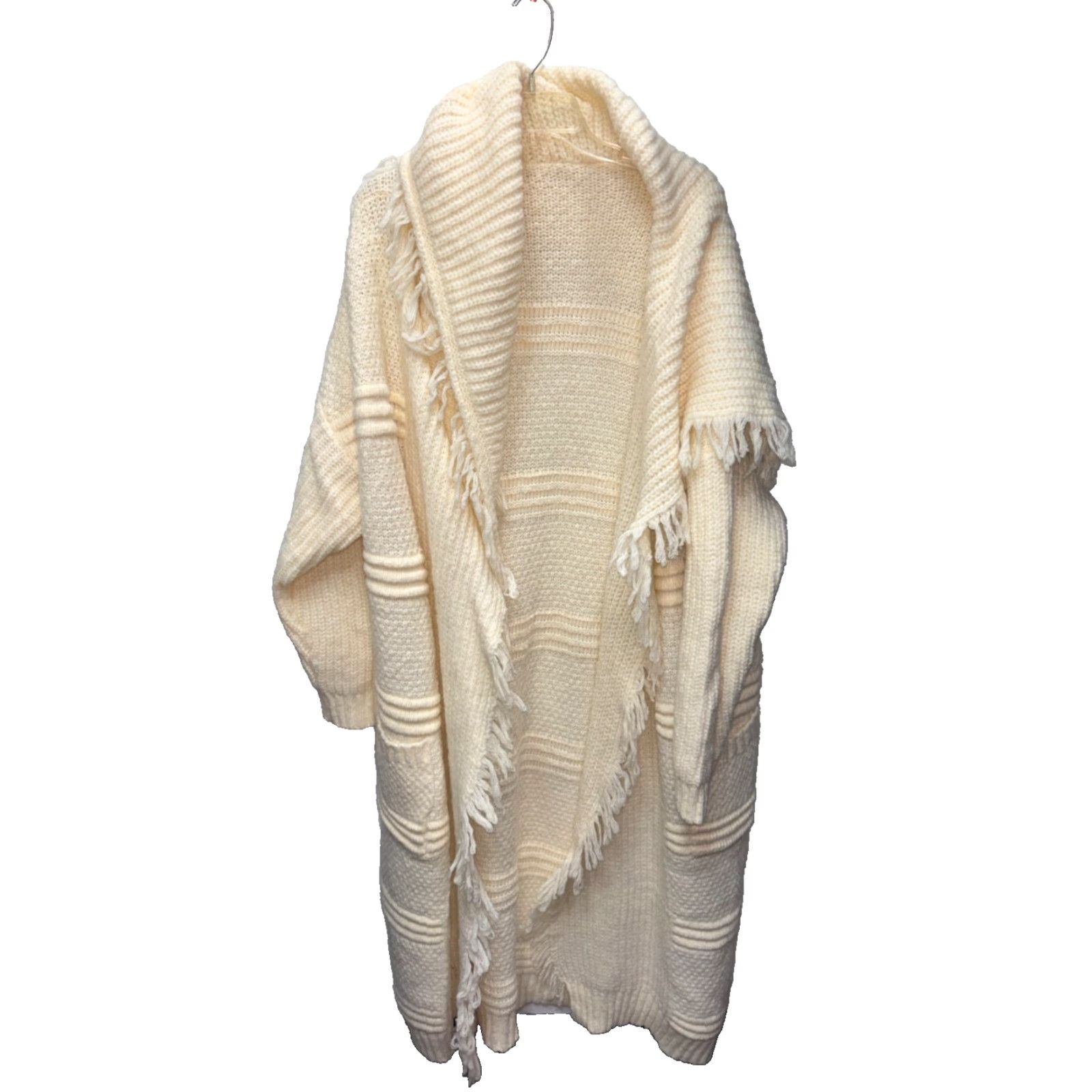Ivory Cardigan Duster Open Front Tassel Pocket Sweater Stripe Knit V-Neck Long Sleeve Dolman Loose Relaxed - XL - Women - Knit - Cardigan