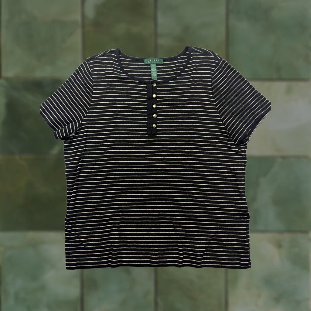 Ralph Lauren Lauren Ralph Lauren Shirt Womens 2X Black Stripe Henley Short Sleeve Jersey Top Size XXL / US 16-18 / IT 52-54 - 1 Thumbnail