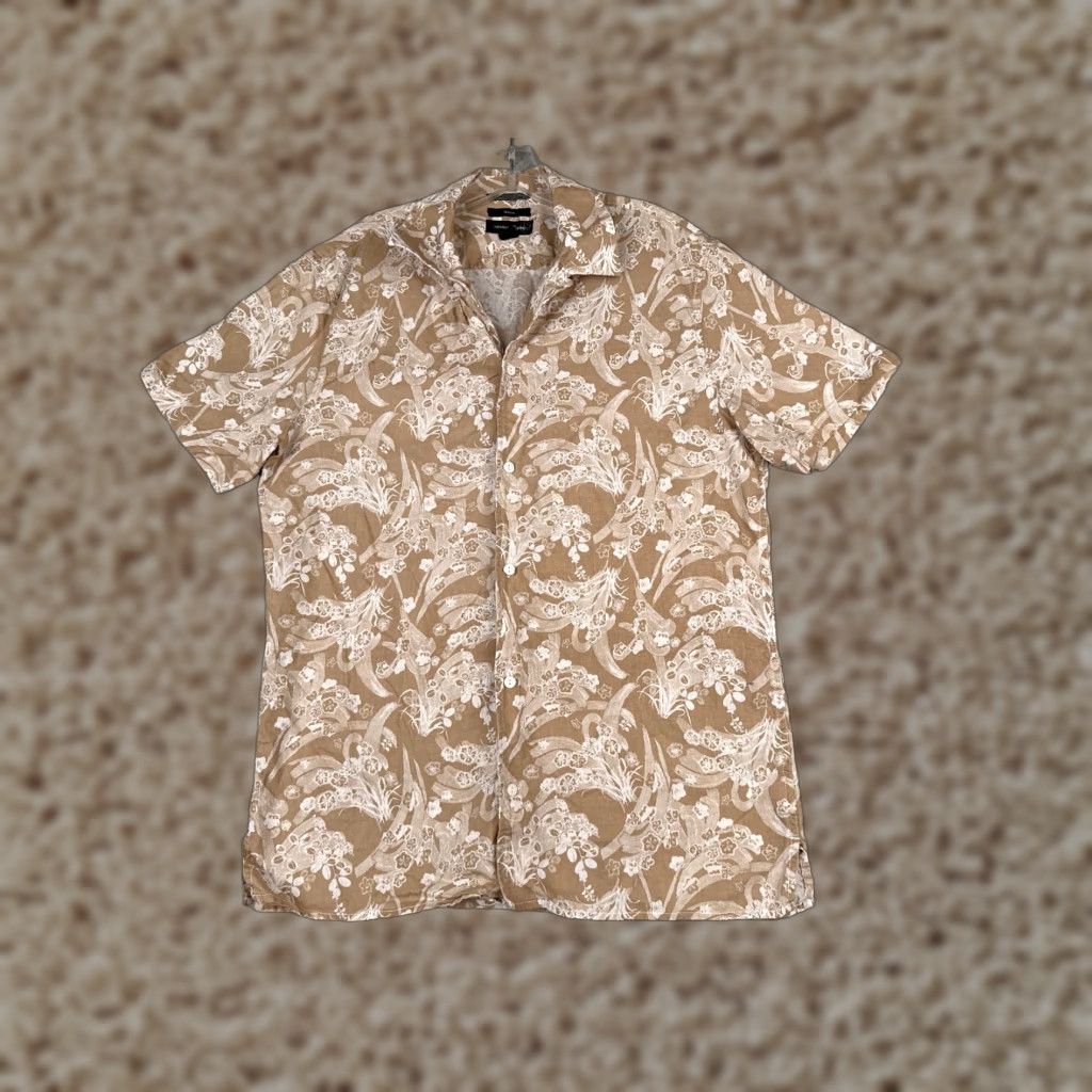 Treasure & Bond Treasure & Bond Shirt Men M Beige White Floral Linen Blend Hawaiian Button-Up Short Sleeve 36" Chest Aloha Beach Vacation 90s Men Size US M / EU 48-50 / 2 - 1 Thumbnail