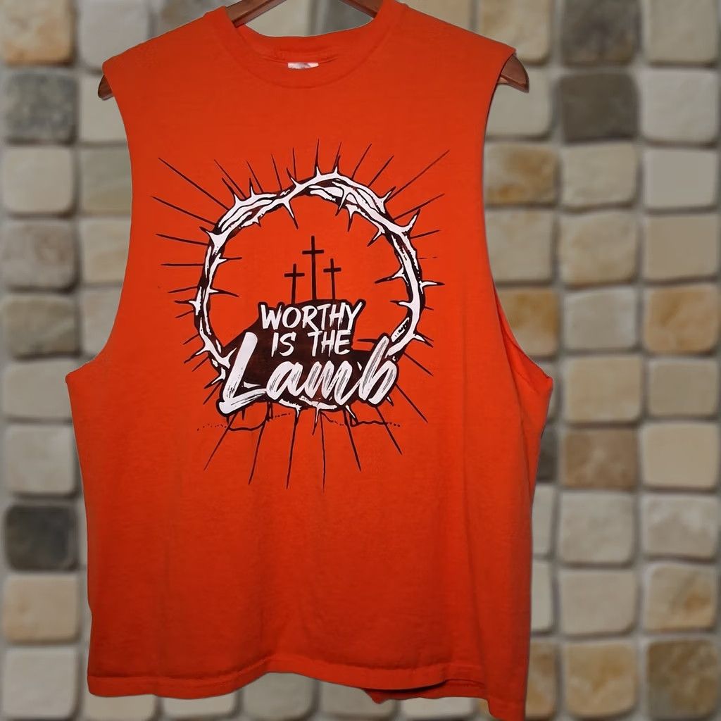 Vintage Worthy Is The Lamb Cutoff Muscle T Shirt M Christian Jesus Religious Crown READ Shirt Men Cotton Delta Pro Weight Orange Crew Neck Sleeveless Graphic Size US M / EU 48-50 / 2 - 1 Thumbnail