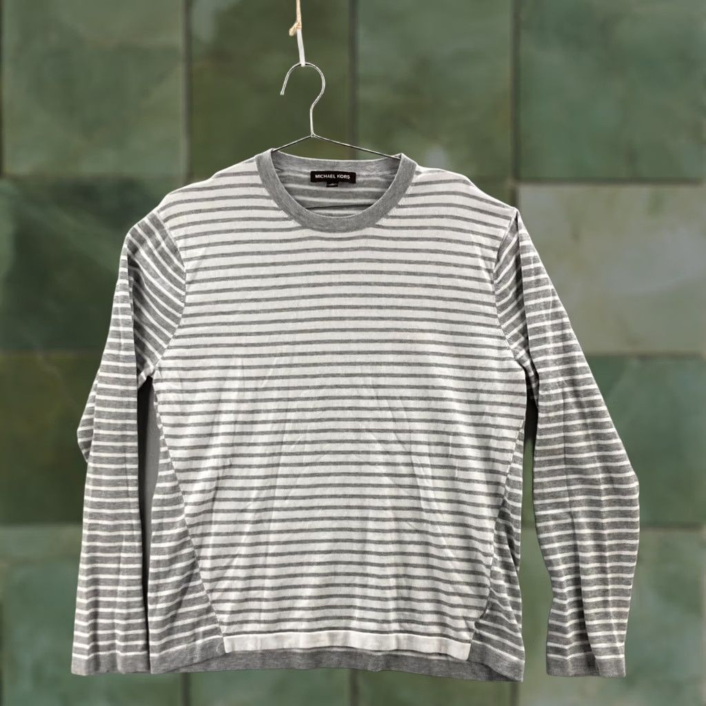 Michael Kors Michael Kors Sweater Mens XL Gray White Striped Crew Neck Pullover Casual Knit Tight-Knit Long Sleeve Regular Fit Size US XL / EU 56 / 4 - 1 Thumbnail