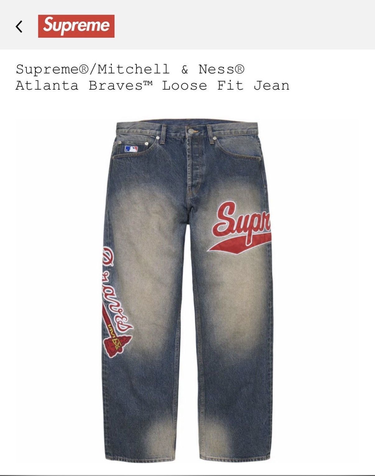 Mitchell & Ness × Supreme Supreme Atlanta Braves Mitchell & Ness Loose Denim Jeans 34 Size US 34 / EU 50 - 3 Thumbnail
