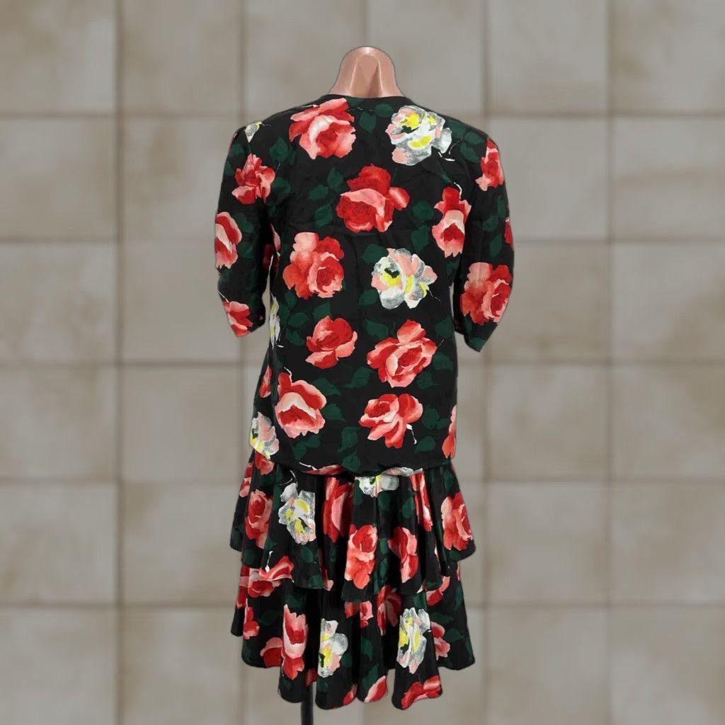 VINTAGE Perceptions Dress 80s Blouson Shirt Midi Drop Waist Ruffle Floral UNION MADE Women sz 8 Multi-Color