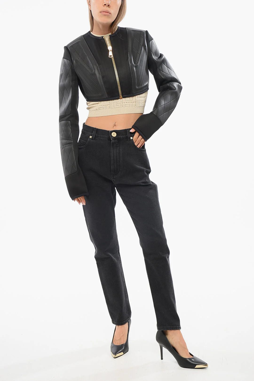 Balmain og1mm0326 Technical Fabric Crop Jacket in Black Size S / US 4 / IT 40 - 4 Thumbnail