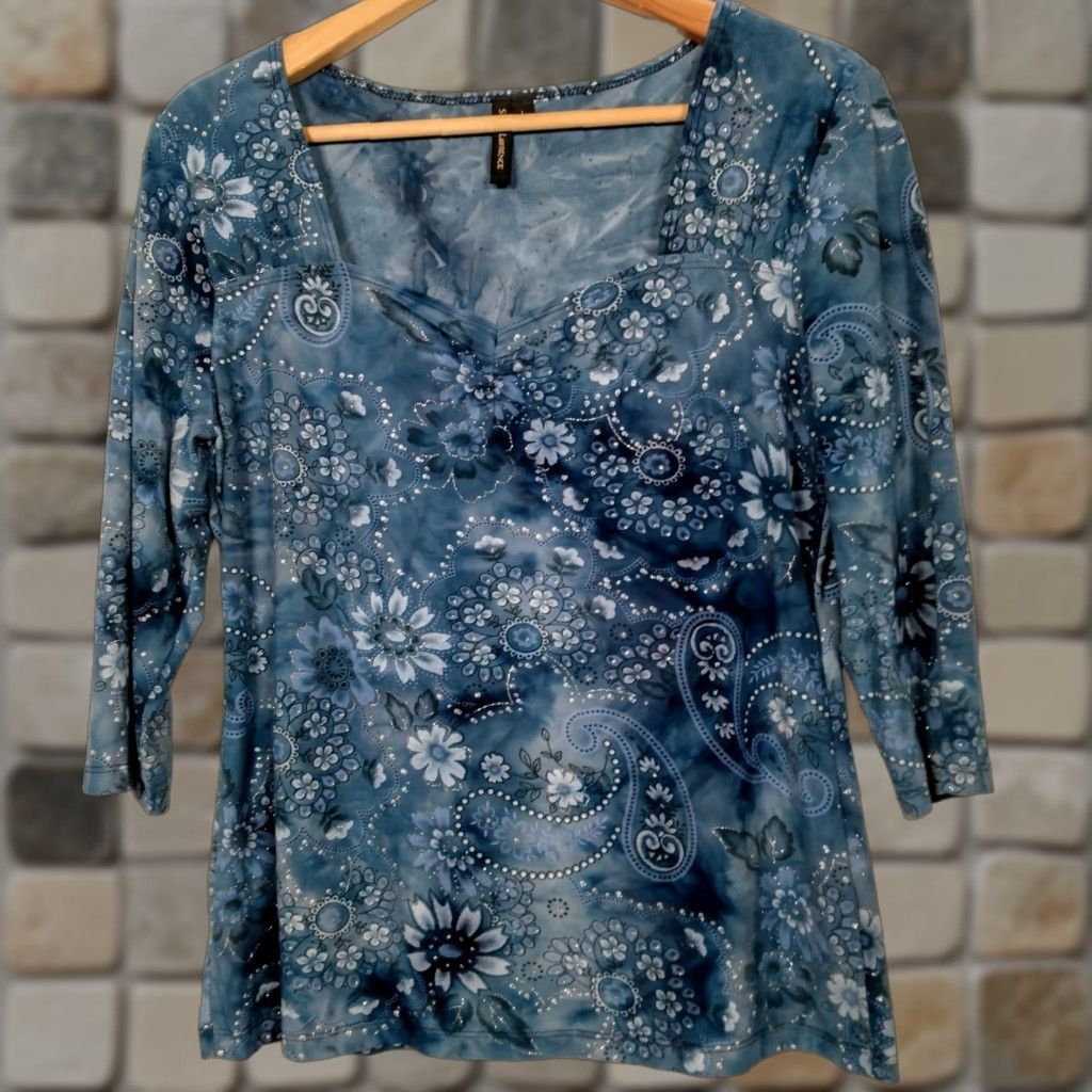 Vintage VINTAGE Susan Lawrence Shirt Blouse L Blue Floral Paisley Metallic 3/4 Sleeve Square Neck Womens Size L / US 10 / IT 46 - 1 Thumbnail