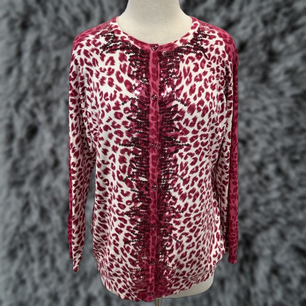 Quacker Factory VINTAGE Quacker Factory Cardigan Shirt Women Medium Pink Animal Print Sequins Knit MAXIMALIST 90s Theme Mens/Womens Size M / US 6-8 / IT 42-44 - 1 Thumbnail