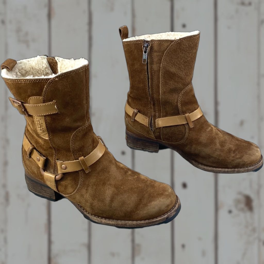 Ugg UGG Womens 6.5 Biker Boots Motorcycle Brown Suede Leather Endell Harness Shearling Size US 5 / IT 35 - 1 Thumbnail